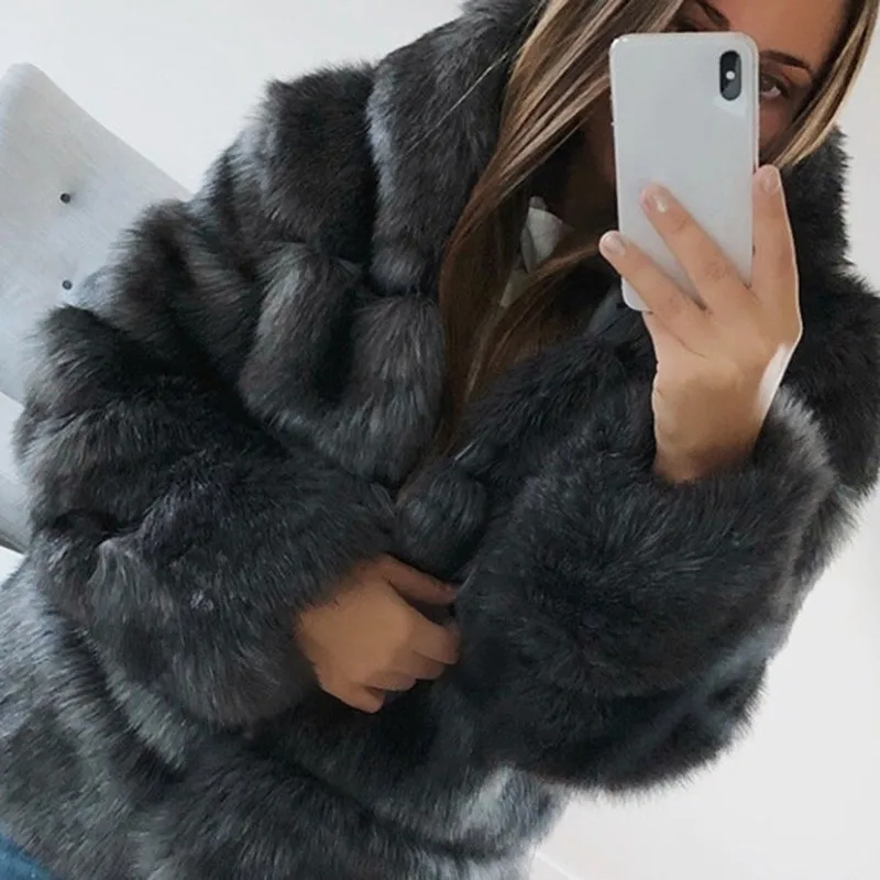 JRNNORV 2018 New Winter Coat Women Faux Fox Fur Coat Plus Size Women Stand Collar Long Sleeve Faux Fur Winter Outerwear BA0566