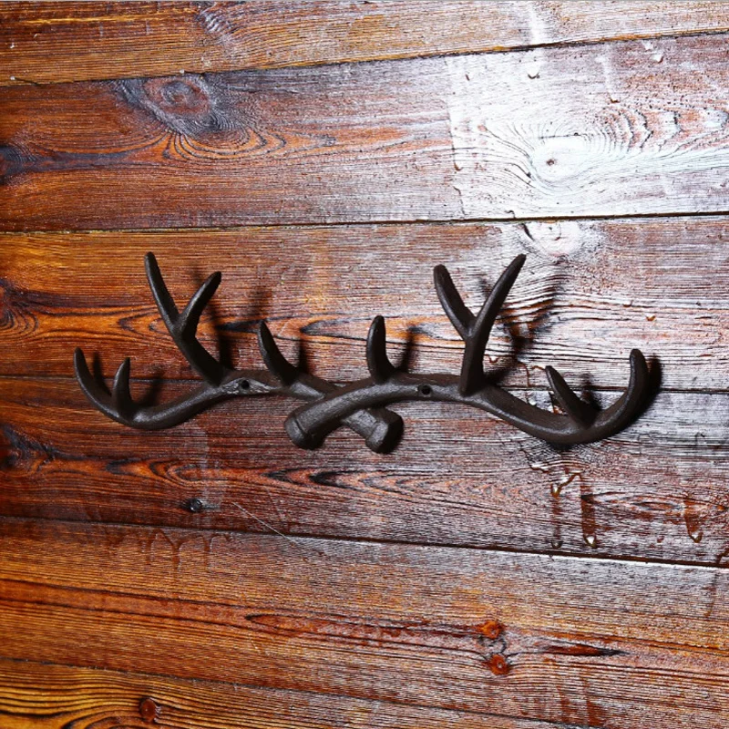 Vintage Cast Iron Deer Antler Wall Mounted Coat Hooks Rack Rustic Home Decorin Hooks & Rails