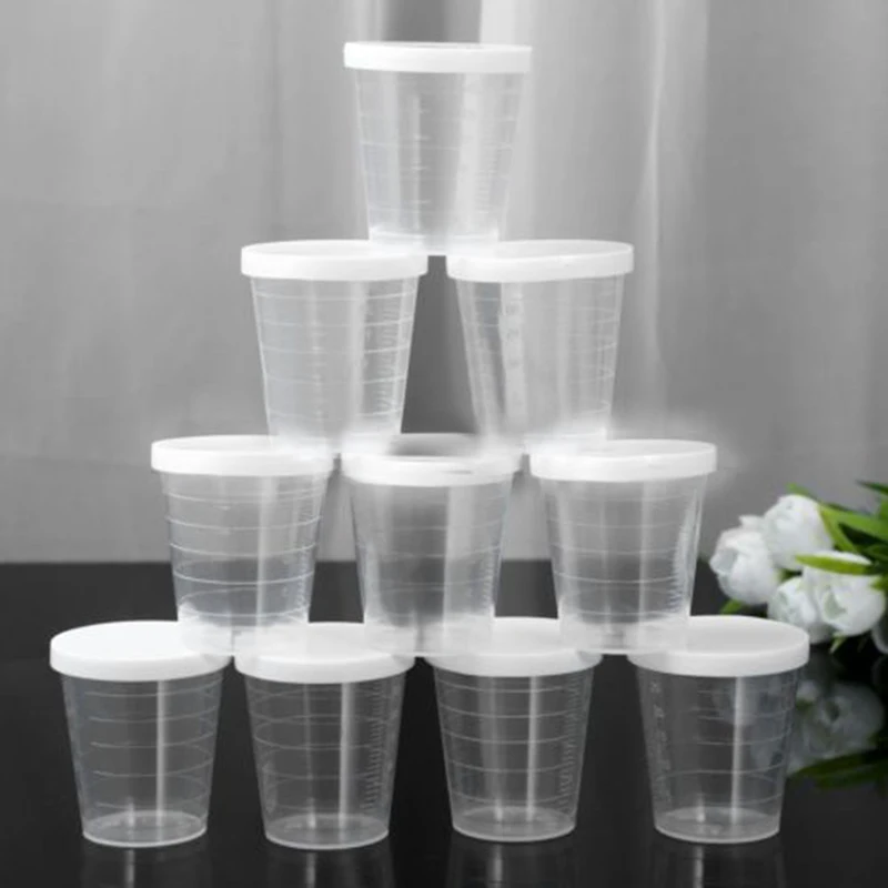 10Pcs 30ml Medicine Measuring Measure Cups With White Lids Cap Clear