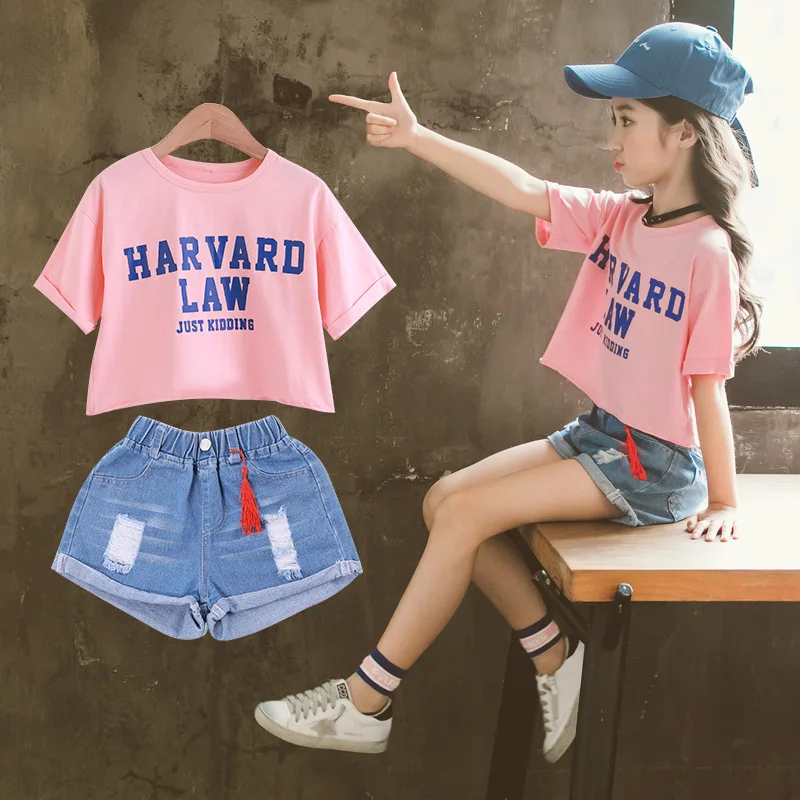 

Children's Clothing Girls Set 2019 Summer Cotton Short Sleeve Letters Loose T-Shirt + Curling Shorts Set