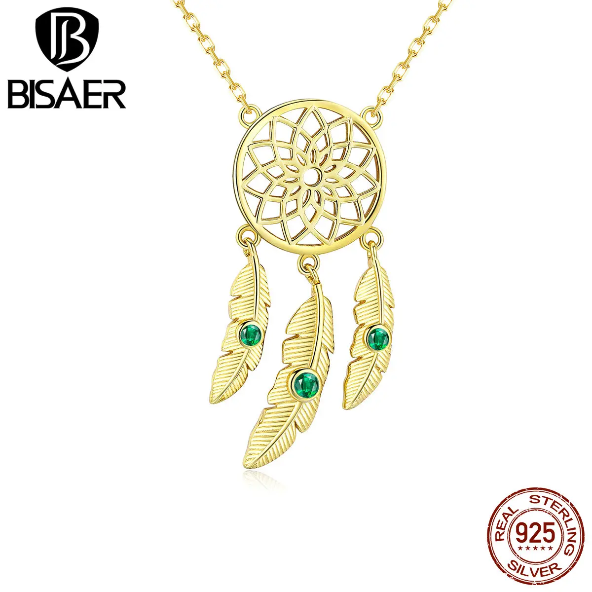 

BISAER 925 Sterling Silver Necklace For Women Golden Color Dreamcatcher CZ Necklace Fashion Jewelry Gift Engagement HVN044