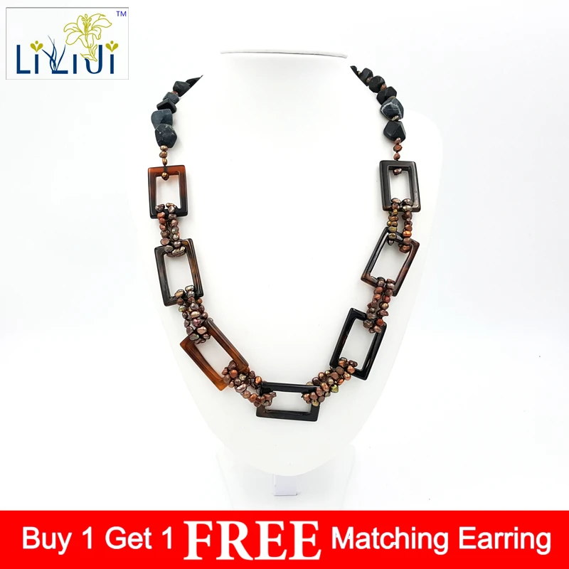 

LiiJi Unique Natural Brown Agates circle&Gold freshwater pearl&Black jades Fashion Necklace 24inches