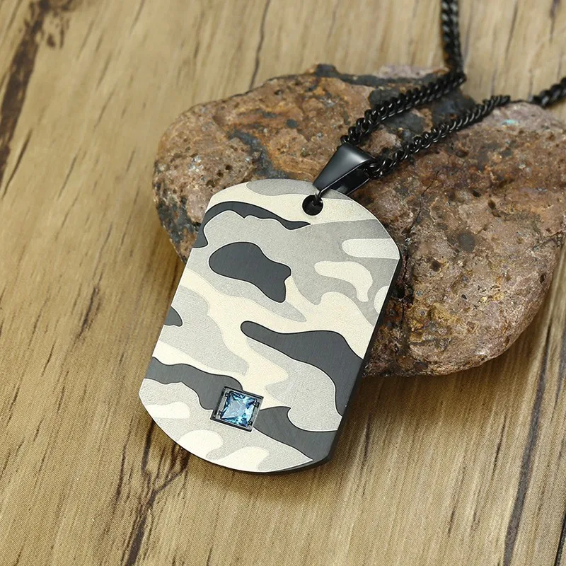 Нержавеющая сталь синий CZ Accent США камуфляж Dog Tag кулон ожерелье для мужчин абстрактный солдат военный причудливый камуфляж ювелирные изделия 24IN