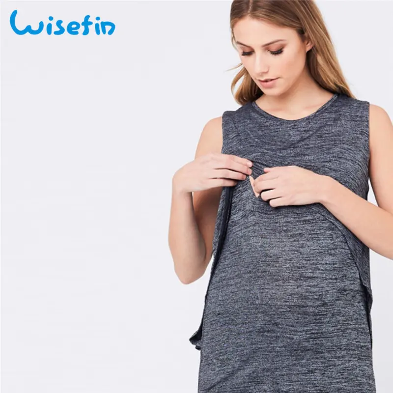 

Wisefin Sleeveless Pregnant Clothes Summer Maternity Breastfeeding Tees For Pregnant Women Tops Dark Gray Pregnancy T-Shirt Tops