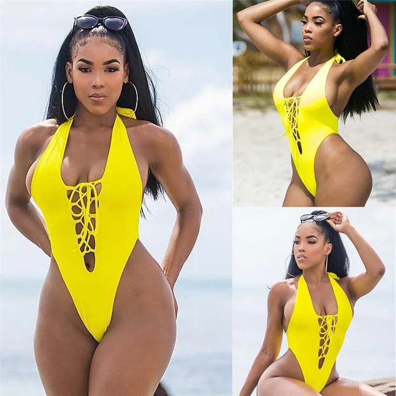 

Fashion Casual Slim Solid Women Sexy Thong Swimsuit Bodysuit One-piece Swimwear Beachwear Summer Clothes For Girls