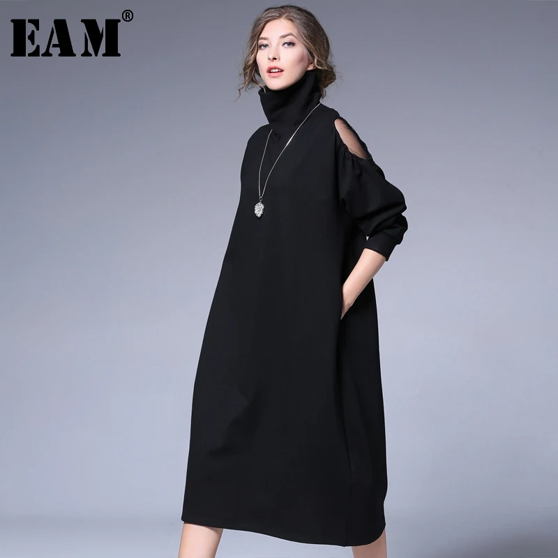 

[EAM] 2019 New Spring High Collar Long Sleeve Black Loose Knitting Mesh Stitching Large Size Derss Women Fashion JH670