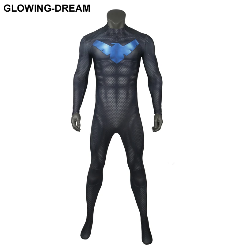 

Glowing Dream High Quality 3D Print Muscle Shade Night wing Cosplay Costume With U zipper Batman Nightwing Costume For Men