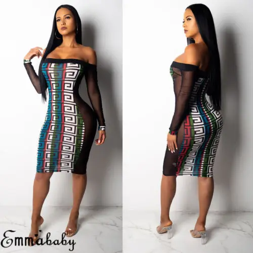 

2018 Sexy Geometric Dress Women Long Sleeve Bodycon Casual Party Evening Cocktail Mini Club Dress