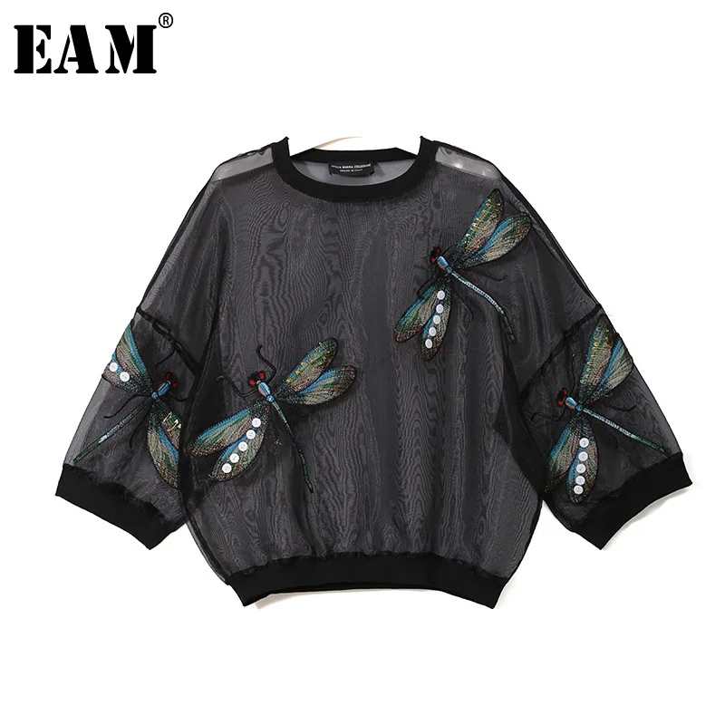  [EAM] 2020 New Autumn Winter Round Neck Long Sleeve Big Size Organza Stitch Three-dimensional Shirt