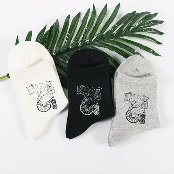 

DONG AI combed cotton casual women's socks autumn and winter printing funny bike bear cartoon hand stock three colors optional
