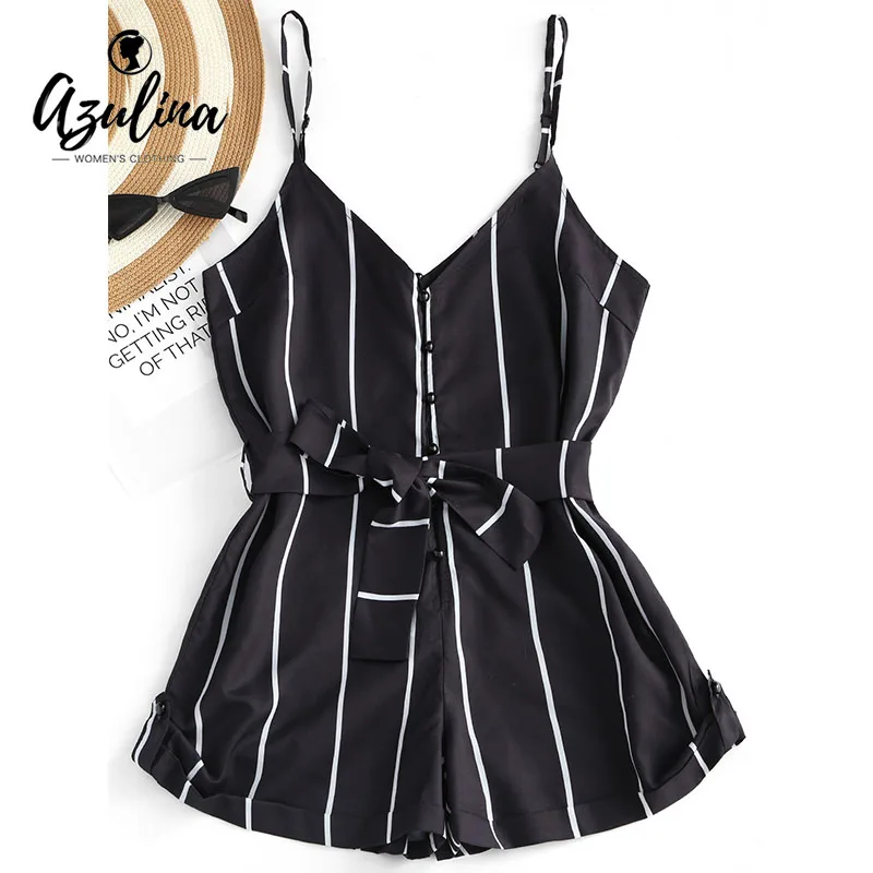 ZAFUL 2019 Striped Belted Cami Romper Women Jumpsuit Casual Spaghetti Strap Buttons Playsuit Outfits Beachwear Summer Overalls ZAFUL 2019 Striped Belted Cami Romper Women Jumpsuit Casual Spaghetti Strap Buttons Playsuit Outfits Beachwear Summer Overalls