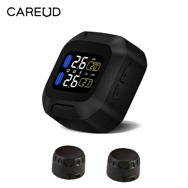 

Wireless Motorcycle Car Tire Pressure Monitoring System 2External Sensor LCD Motor TPMS Real-time Temperature Warning USB Holder