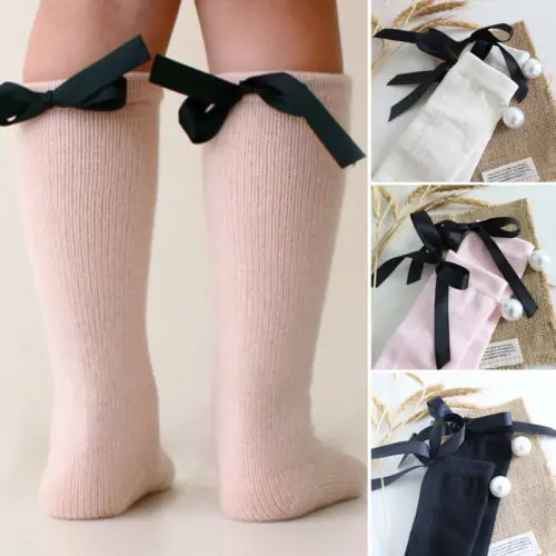 

Pearl Silk Bowknot Baby Socks Girls Knee High Socks Soft Cotton Knitted Warm Long Tube Knee Socks Girls Cute Socks