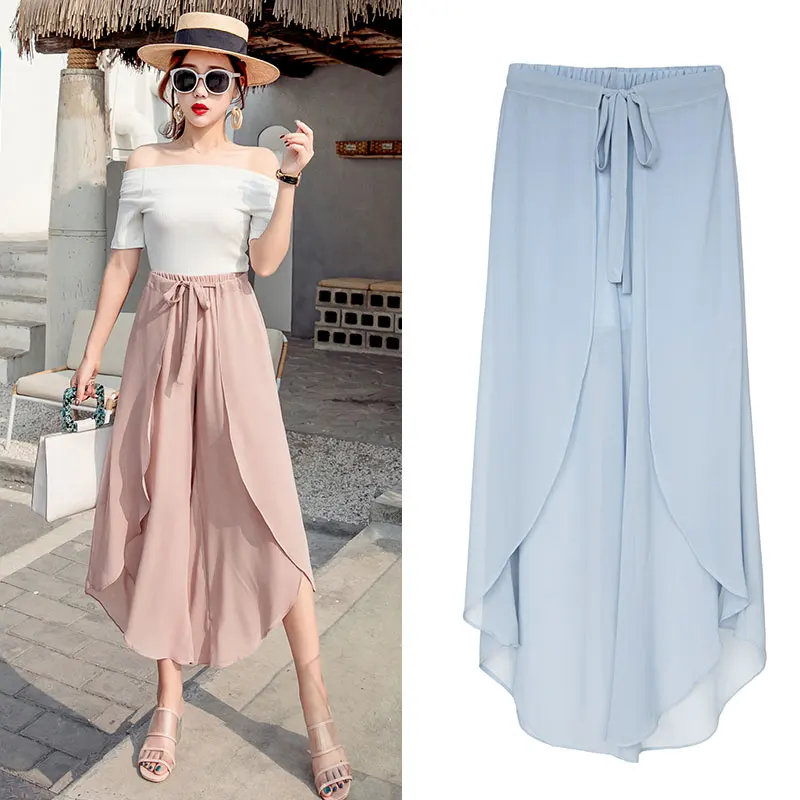 

Women Wide Leg Pants Skirt 2019 Spring Summer Female Loose Boho Beach Elastic High Waist Casual Chiffon Pant Ruffle Trousers