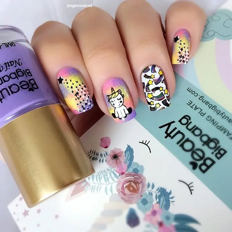 BeautyBigBang пластины для стемпинга ногтей милый Единорог радуга облако