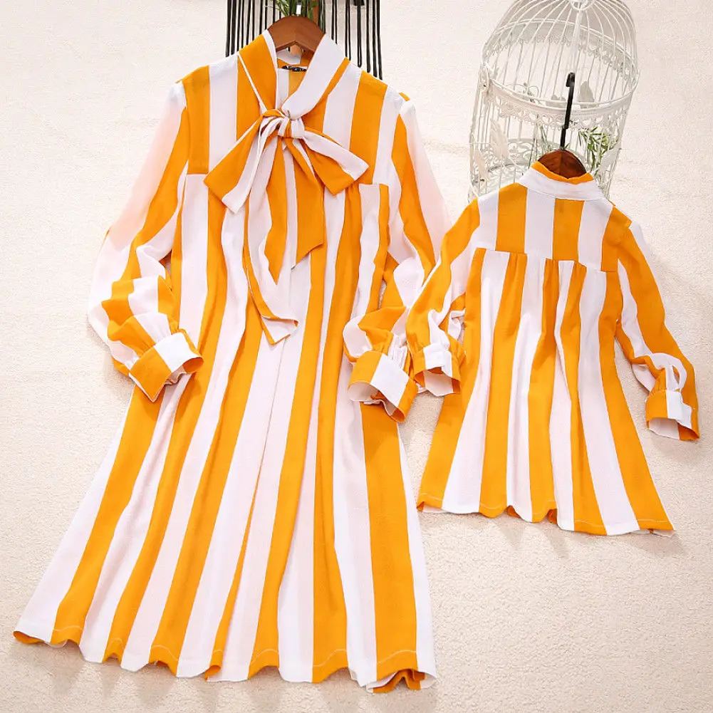 Family Dress Mother and Daughter Stripe 2019 Spring Bow Casual New Matching Girls Outfits Clothes | Мать и ребенок