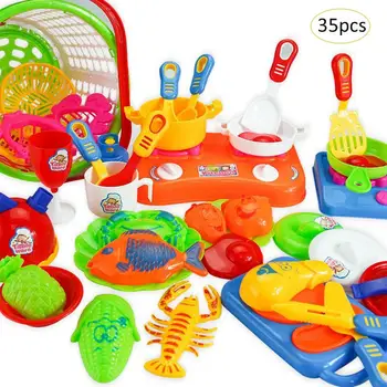

35 PCS Children Simulation Tableware Plastic Kitchen Toy Pretend Miniature Plates Fruits And Vegetables Toys Kids Play Food Set