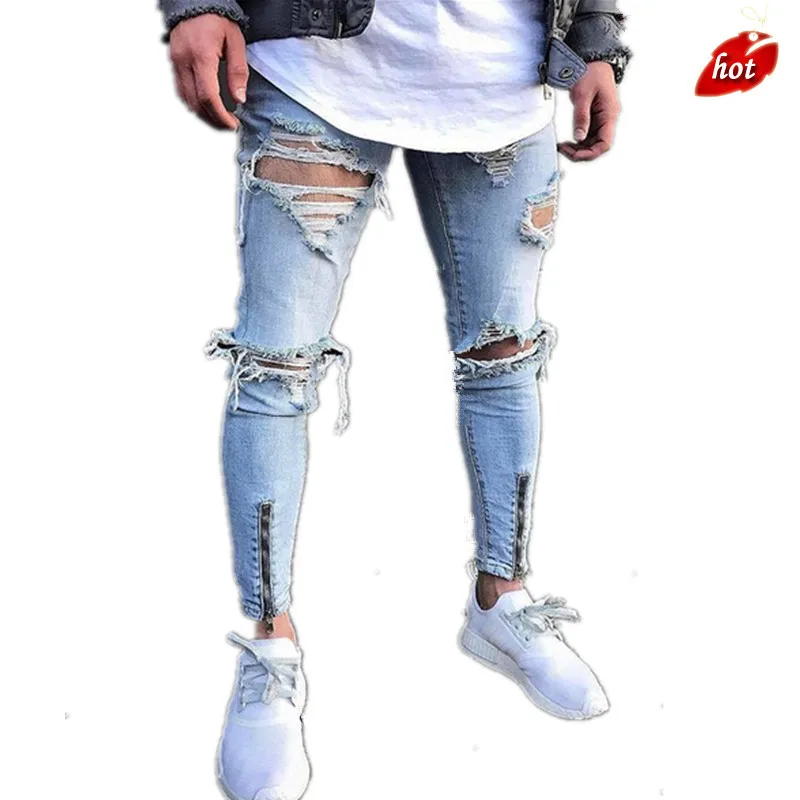 

2019 Spring SummerJeans Men Big Hole Distressed Ripped Slim Moto Biker Denim Beggar Jeans Skinny Frayed Pencil Pants O8R2