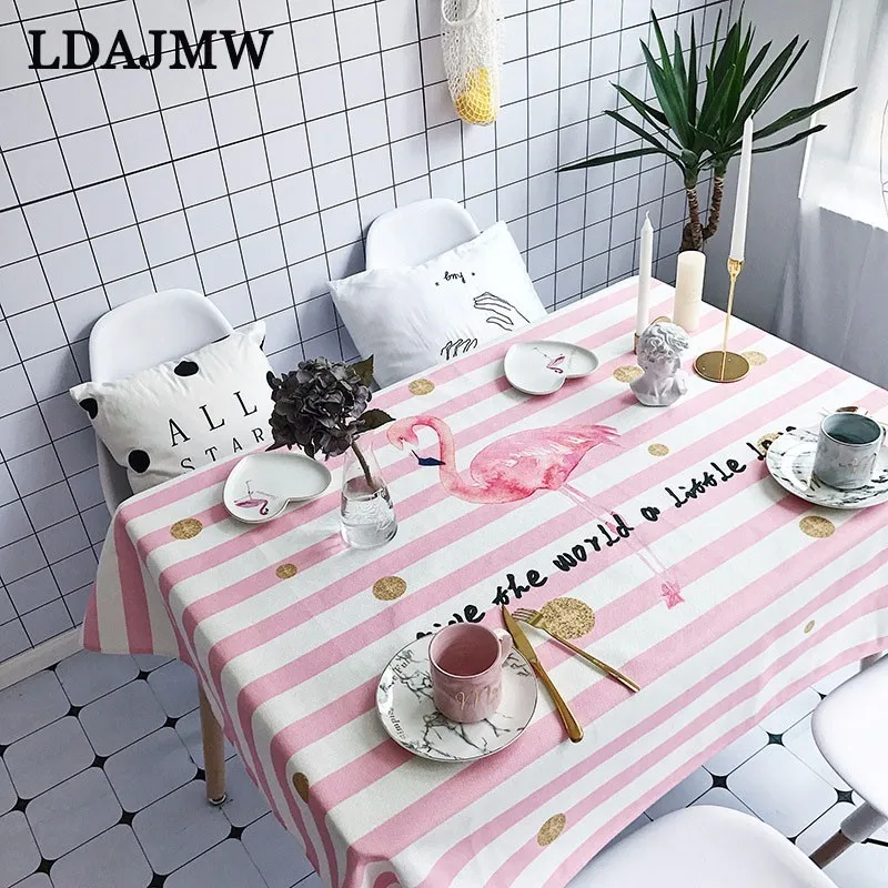 

LDAJMW Pink Flamingo Party Tablecloth Striped Waterproof Coffee Table Home Decoration Printing Modern Tablecloth Dust Cover