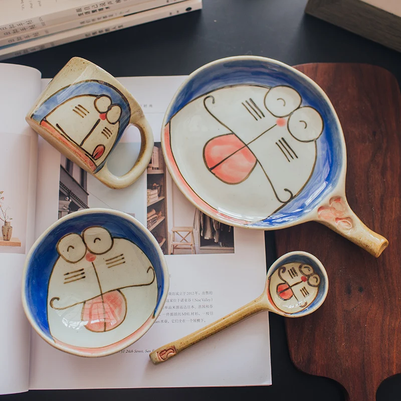 

Original Doraemon Hand-painted Ceramics Rice Bowl Cutlery Set Cute Japanese Cartoon Dish Spoon Mug Dishes and Plates Sets Gift