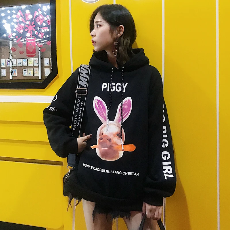 Harajuku модные бархатные Для женщин толстовки письмо милый мультфильм поросенок