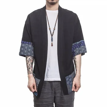 

2019 Men Cotton Linen Shirts Men Kimono Traditional Open Stitch Shirt Male Three Quarter Sleeve Shirt Harajuku Mens Clothing 5XL
