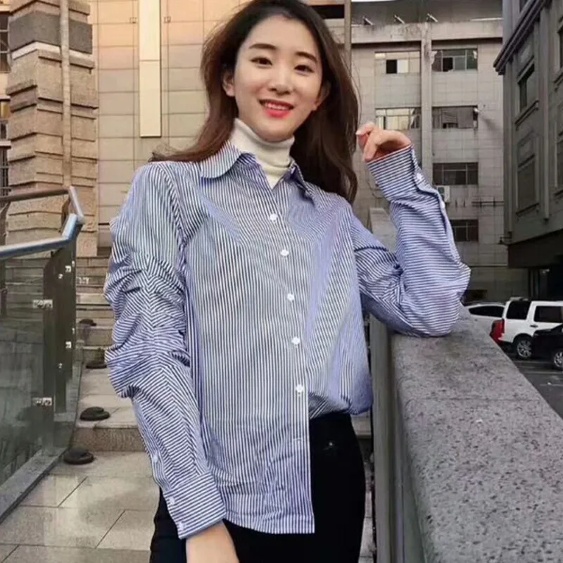 

DEAT 2020 Fashion New Clothes Stripe Full Sleeve Women Shirt Trendy Stripe Turn-down Collar Spring Blouse Clothes BE473