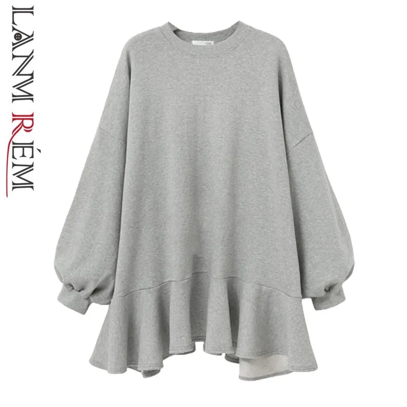 

LANMREM 2019 New Spring Round Neck Flare Long Sleeve Black Grey Black Loose Reffles Big Size Mini Dress Women Fashion Tide JD946