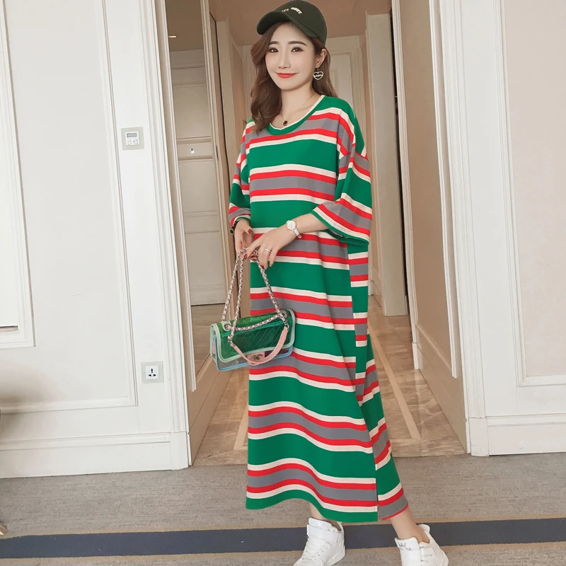 

#4947 Summer Cotton Stripe T Shirt Dress Women Short Sleeve Plus Size Loose Green Ankle-length Straight Large Size Round neck
