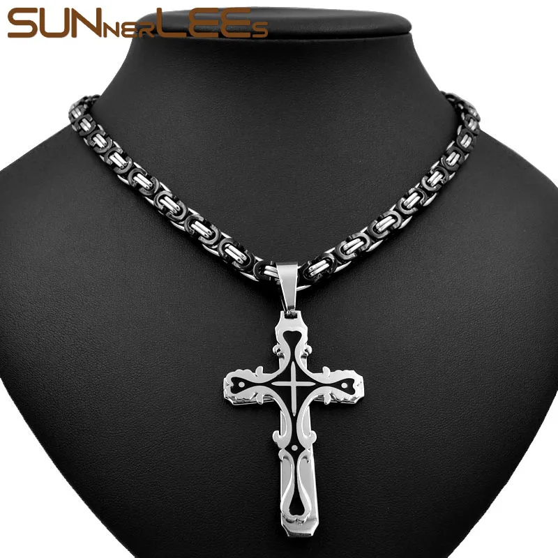 SUNNERLEES 316L нержавеющая сталь Иисус Христос крест кулон ожерелье византийский звено Цепочка Золото Серебро Черный Мужчины Мальчики подарок SP244