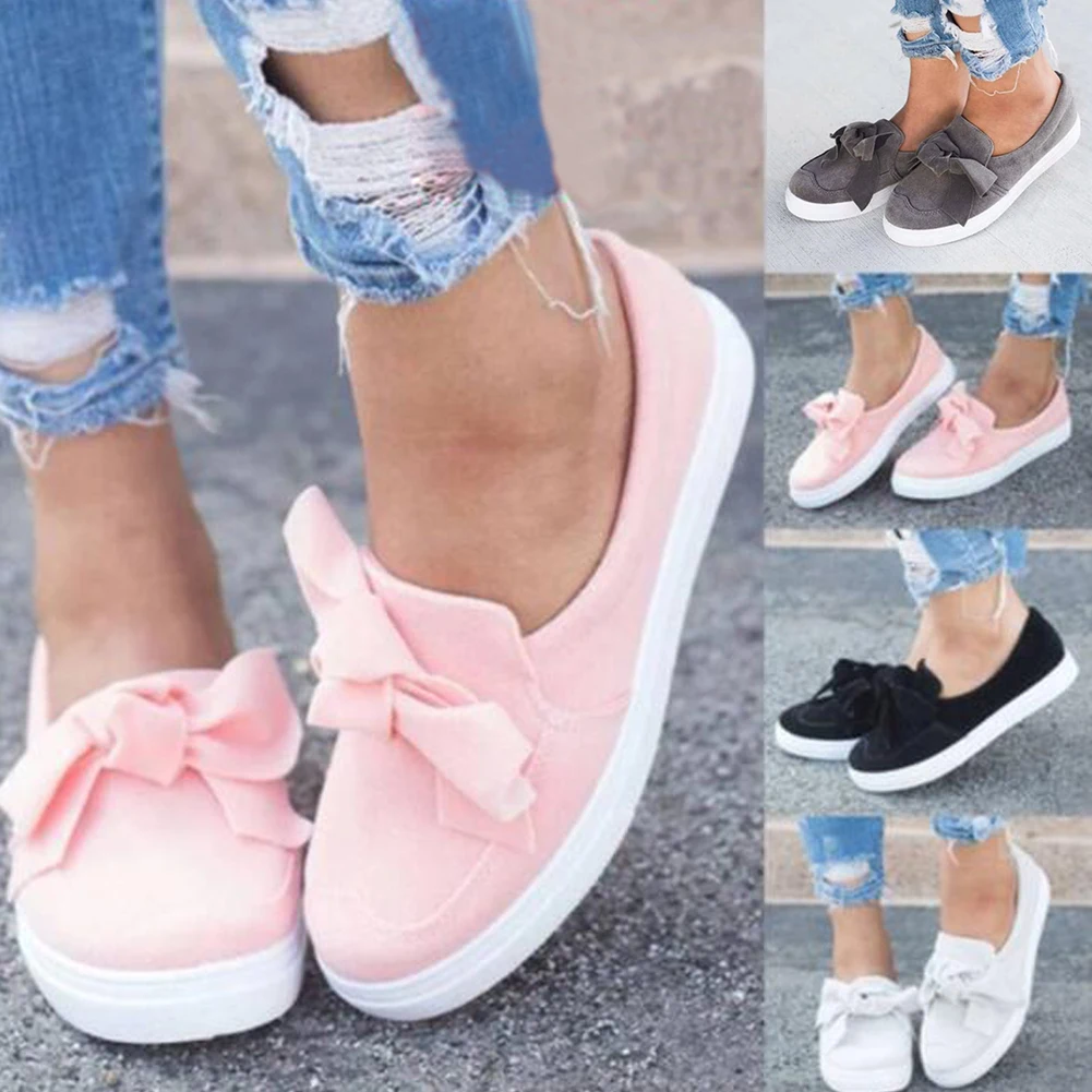 

Women Flat Shoes Canvas Solid Sneakers Bowknot Decorated Soft Soled Casual Loafers