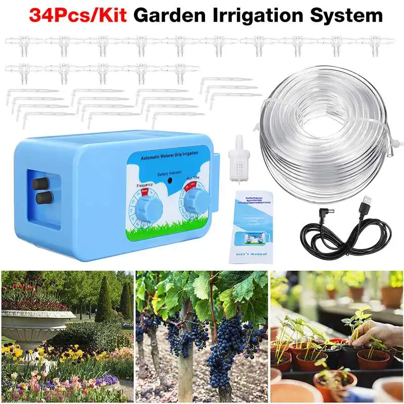 

34Pcs Automatic Watering Device Micro Drip Irrigation Tool Garden Automatic Watering Timer with Adjustable Drippers 10M Hose