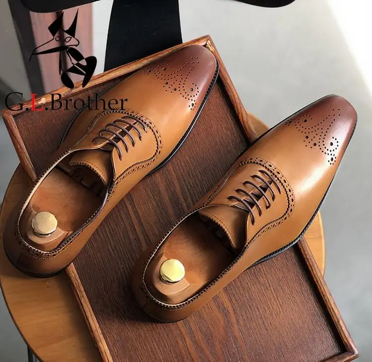 

Handmade Dress Shoes Men Lace Up Genuine Leather Vintage Italy Carved Brogue Med Heel Smart Casual Shoes Breathable Brogue