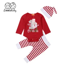 Рождественский комплект одежды для маленьких девочек, детская праздничная одежда с надписью «My First Christmas» новогодний костюм боди+ Полосатые трусики+ шапочка, детская одежда