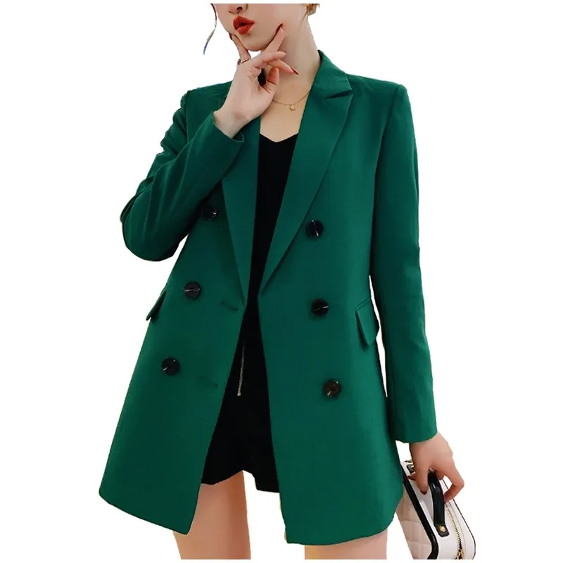 

Double Breasted Spring Workwear Office Long Blazer Women Jacket Black Slim Outerwear