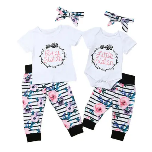 

Famliy Matching Sister Kids Baby Girls Flower Tops Romper T-shirt Pants Outfits Clothes Set Children Clothing
