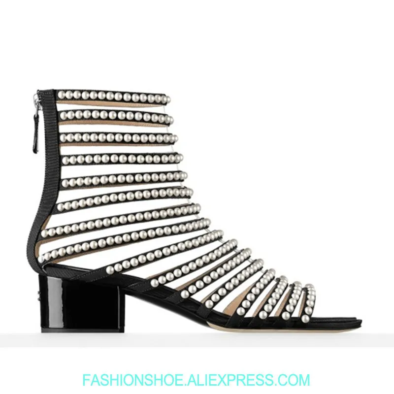 

Pearls Embellished Cage Sandals Boots Chunky Heel Open Toe Women Sandals Sexy Cutout Summer Shoes Woman Sandalias Mujer Ladies