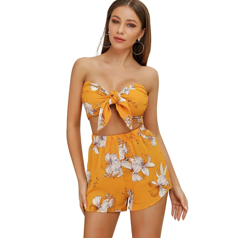 

Anself 2 piece outfits for women Sexy Women Two Pieces Set Off the Shoulder Bandage Elastic Waist Shorts Twin Set Suit Yellow