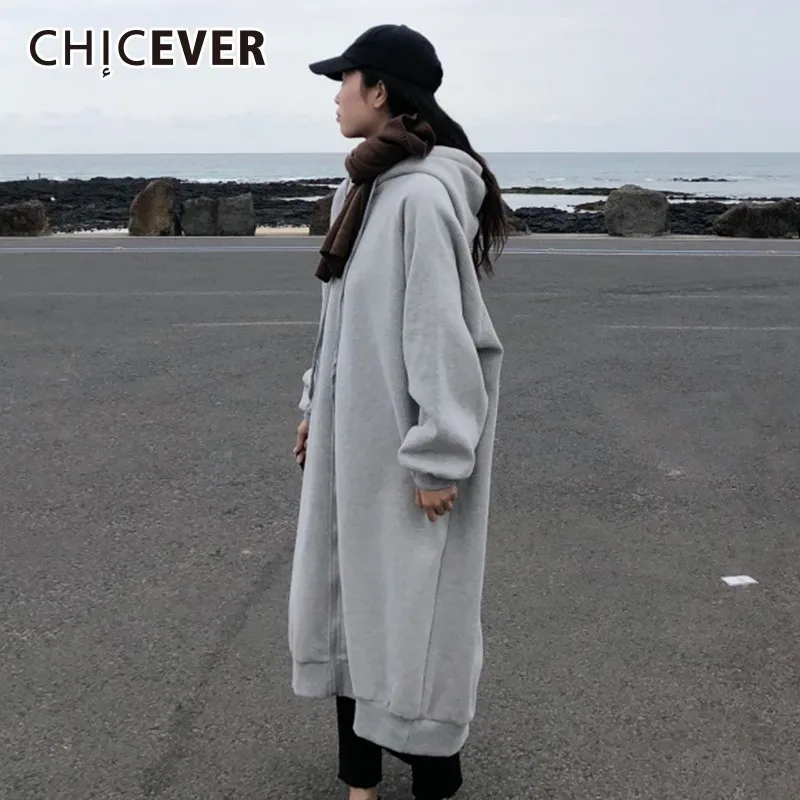

CHICEVER Letter Print Sweatshirt For Women Hooded Lantern Sleeve Loose Oversize Zipper Thick Sweatshirts Korean Fashion Clothing