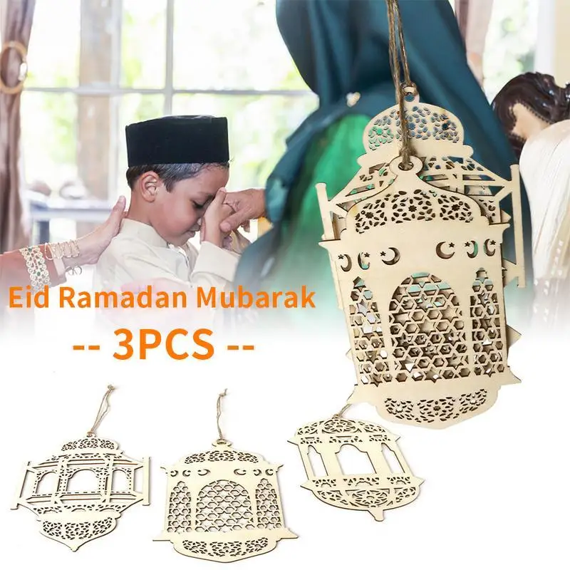 

3Pcs/Set Islam Eid Ramadan Mubarak DIY Hanging Wooden Pendant Lantern Hollow Decoration Islamic Muslim Party Decor Supplies