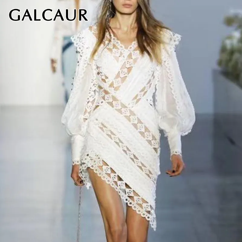 

GALCAUR Casual Hollow Out Women Dress V Neck Lantern Sleeve High Waist Beading Patchwork Asymmetrical Dresses Female Fashion New