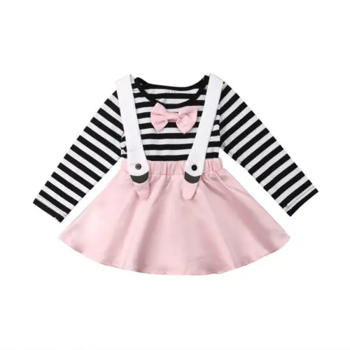 

Pretty 2019 Baby Girls Princess Party Dress Bow Knot Striped Toddler Patchwork Dresses Clothes Long Sleeve Kids Cartoon Dress