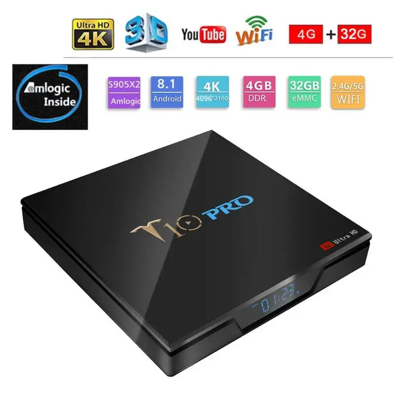 

T10 PRO TV Box Android 8.1 4GB RAM 32GB ROM S905X2 Quad-Core 4GB+32GB Dual Band WIFI 4K HD Network Player Set-top Box