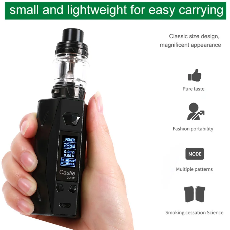 ATVS Castle 225W E Cigarette Vape Mod Kit TC Bypass Box Mod 0.96 OLED Screen No Dual 18650 Battery 5ml SR-11 Mini Tank Mesh Coil ATVS Castle 225W E Cigarette Vape Mod Kit TC Bypass Box Mod 0.96 OLED Screen No Dual 18650 Battery 5ml SR-11 Mini Tank Mesh Coil