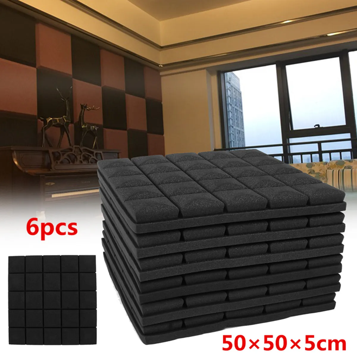 

6Pcs 50x50x5cm Soundproof Acoustic Foam Wedge Studio Sound Absorption Wall Panel Polyurethane