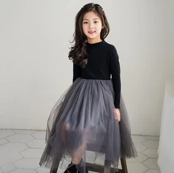 

2020 Girls Patchwork Dress Spring New Long Sleeve Black Gray Princess Noble Cotton Tutu Wedding Party Children Kids Girls Dress