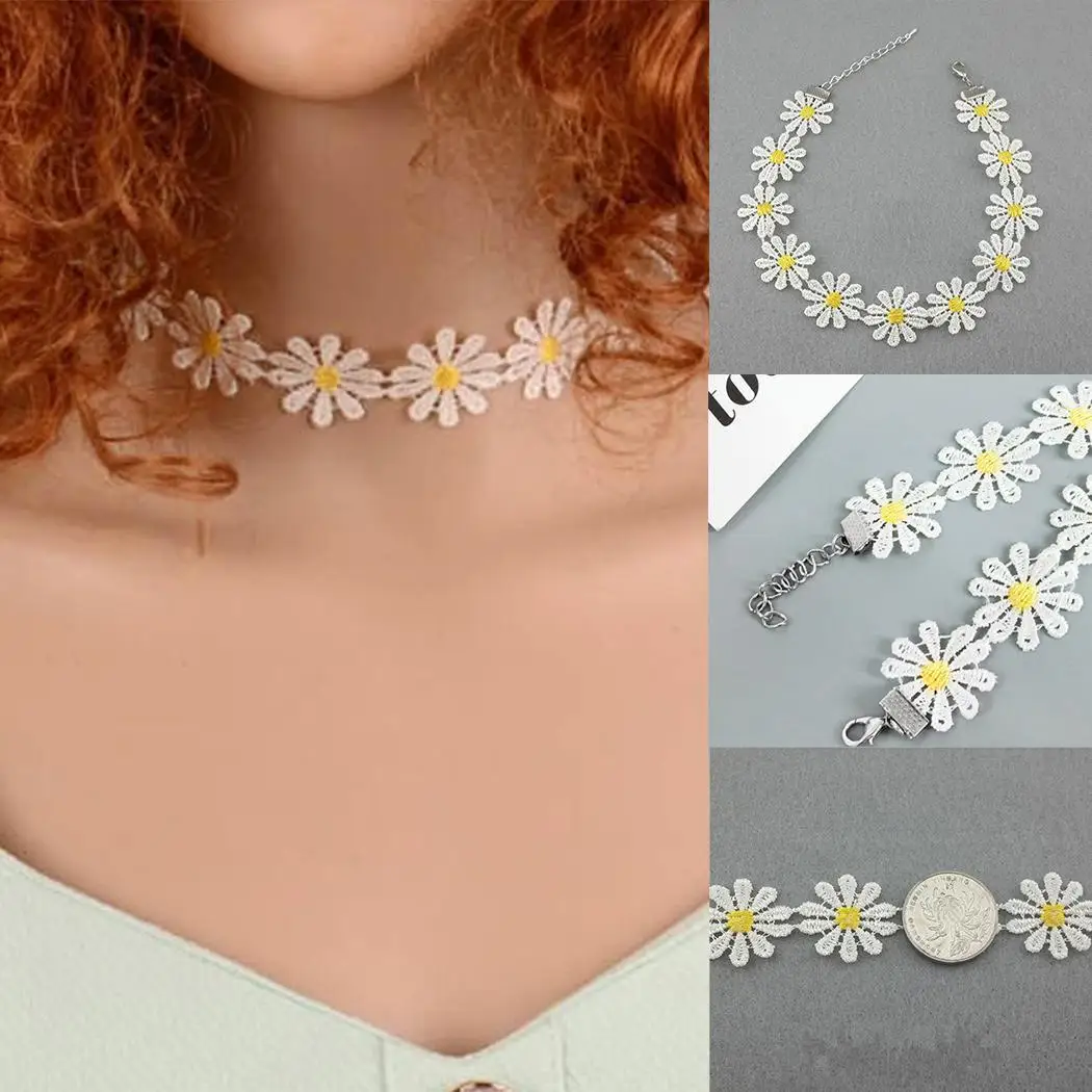 

Fashion Classic Daisy Choker Club Women Lace Necklace Party Casual Boho Yellow Flower Necklace Hippy Collar White