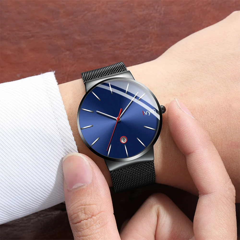 

Men Silver Golden Fashion Business Ultrathin Quartz Calendar Watches Man Mesh Steel Band Water Resistant Red Hand Luxury Clock