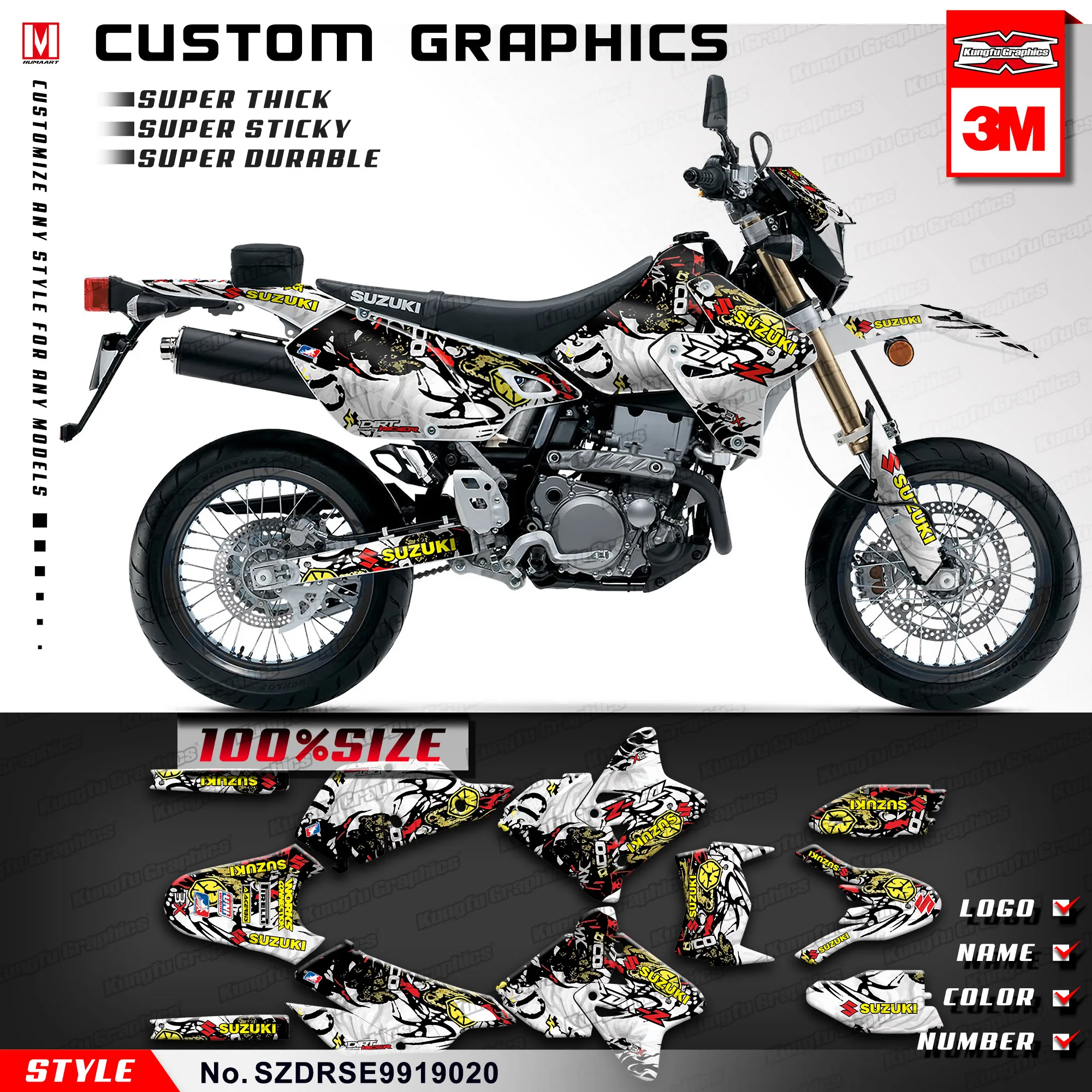 KUNGFU GRAPHICS Motocross Racing Decal Kit Custom Sticker Fit Suzuki DRZ400SM DRZ400E Enduro 1999-2019 (Style no. SZDRSE9919020) |