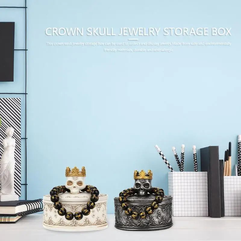 

Creative Resin Crown Skull Jewelry Storage Box Desktop Small Things Organizer Bracelet Ring Display Case Holder Tray